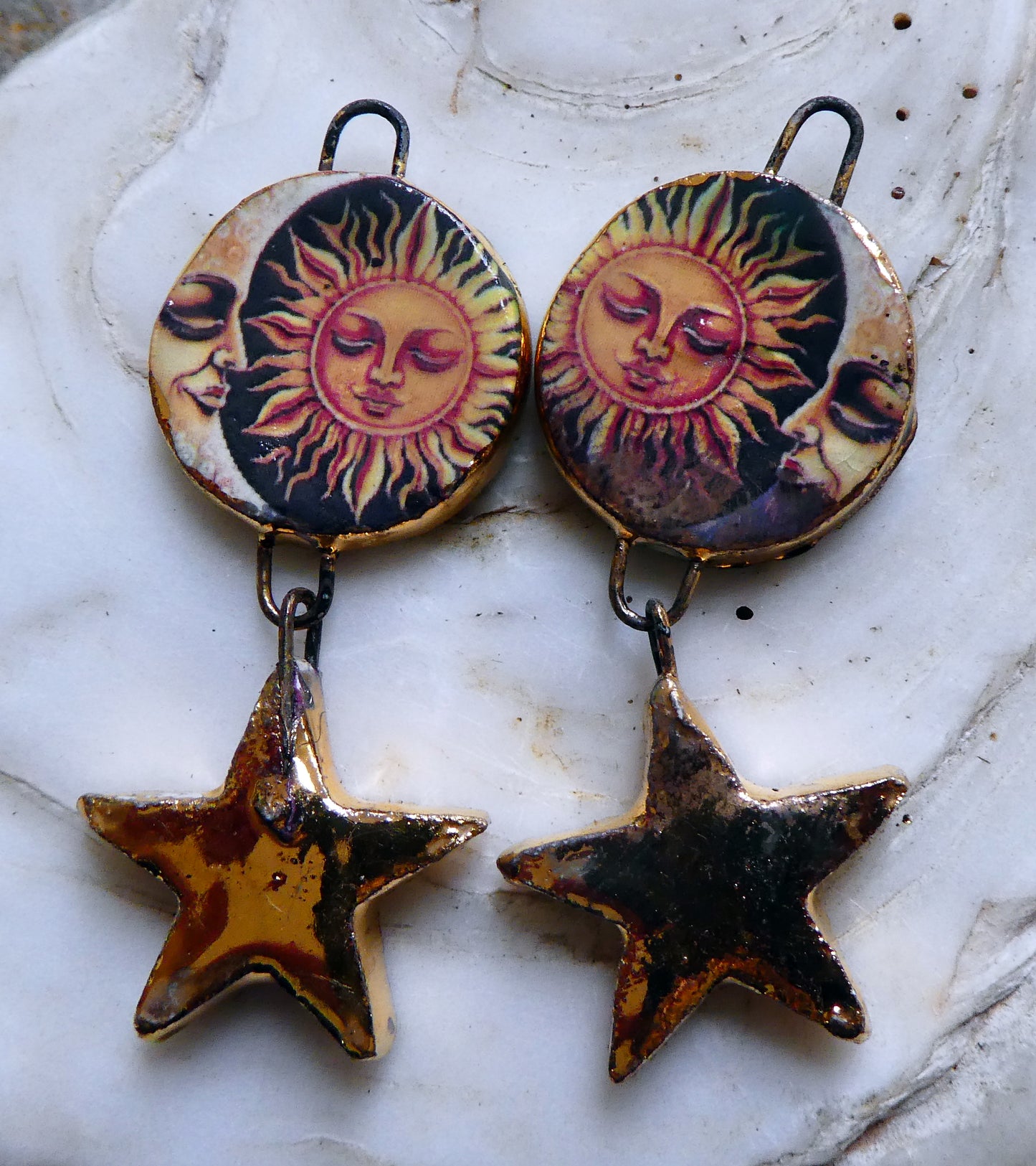 Ceramic Vintage Sun and Moon Decal and Star Earring Dangles #10
