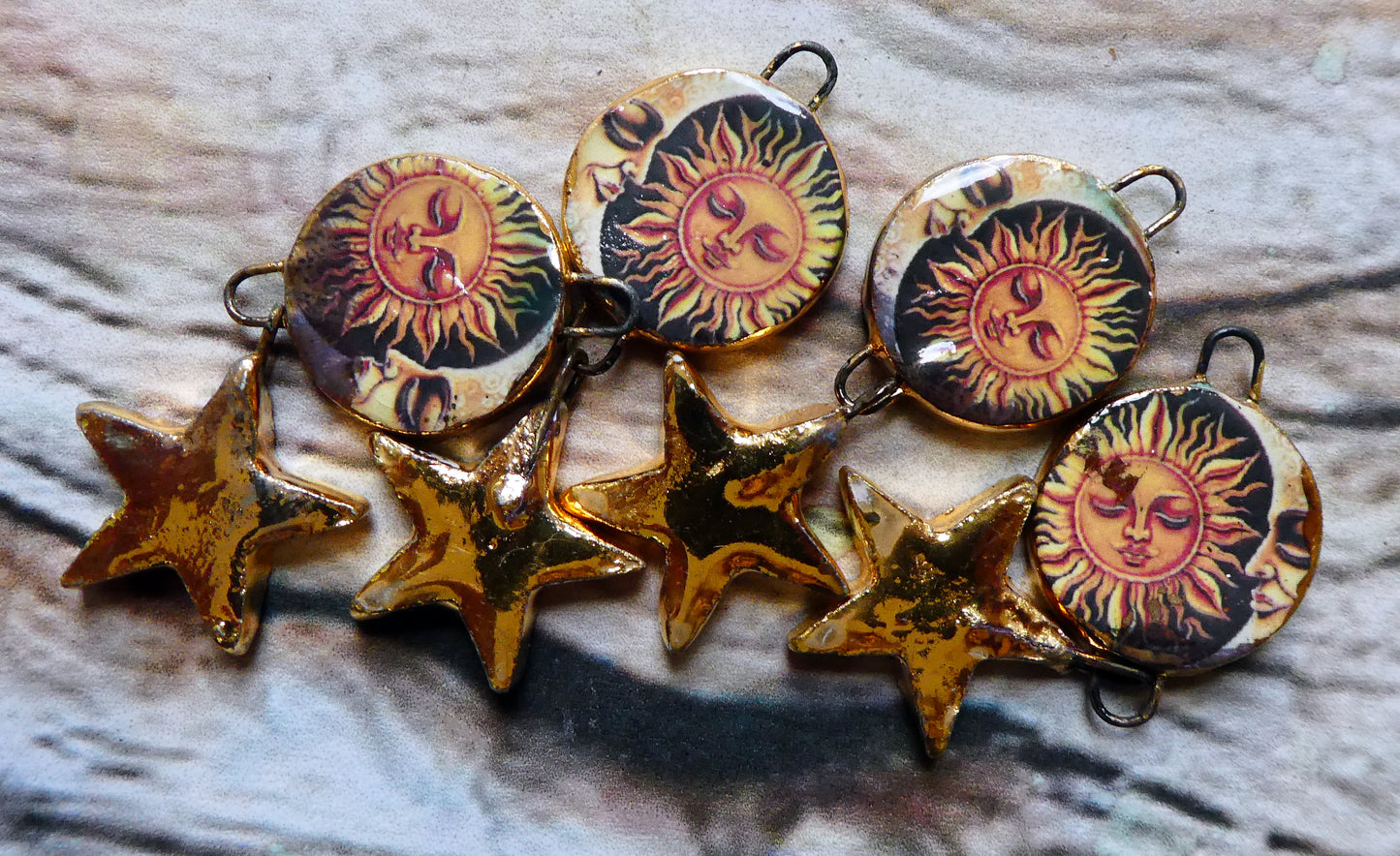Ceramic Vintage Sun and Moon Decal and Star Earring Dangles #10