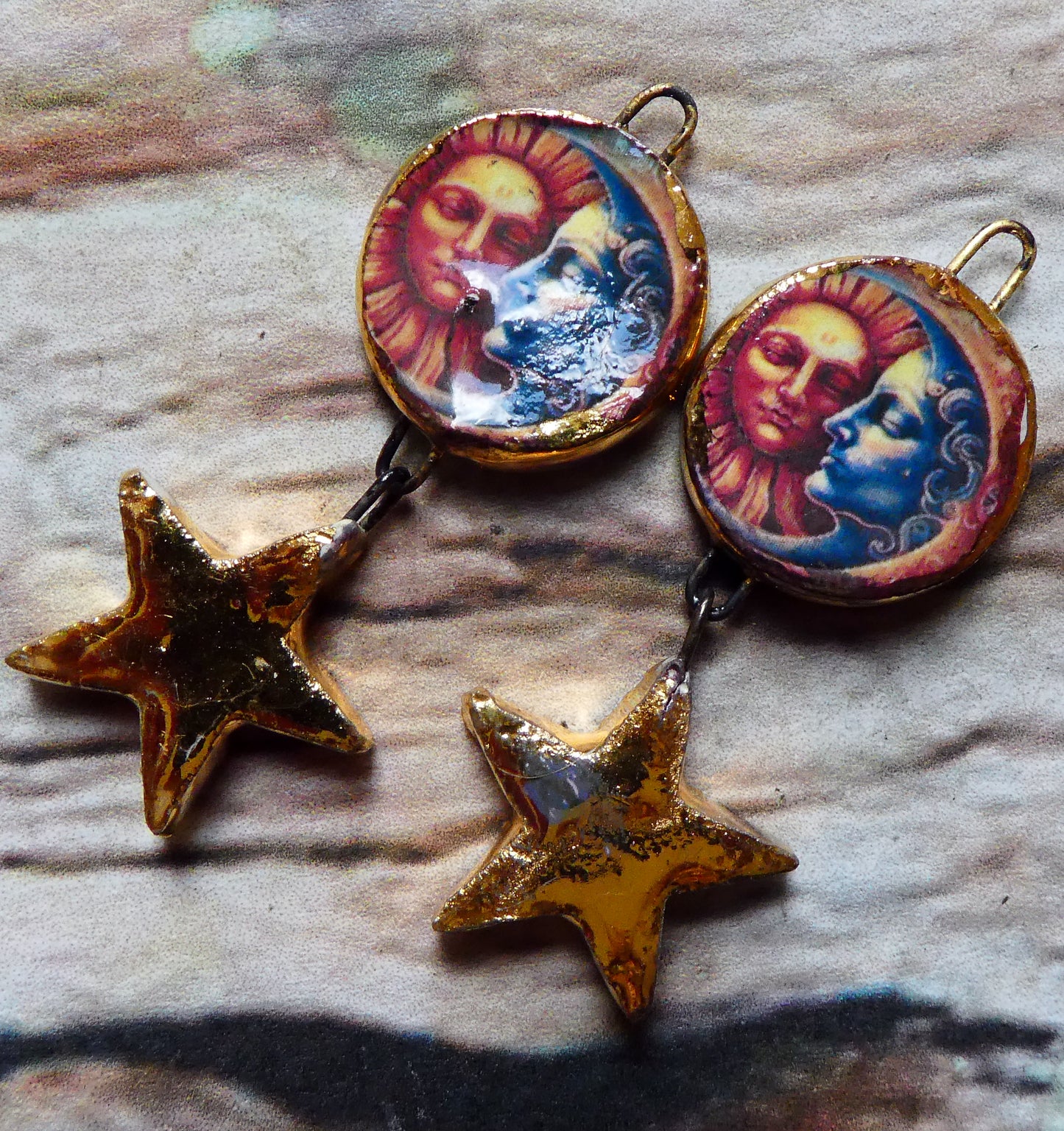 Ceramic Vintage Sun and Moon Decal and Star Earring Dangles #11