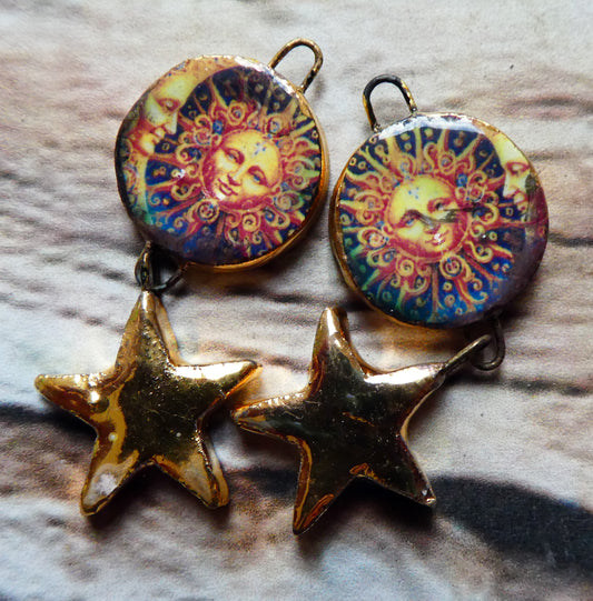 Ceramic Vintage Sun and Moon Decal and Star Earring Dangles #13