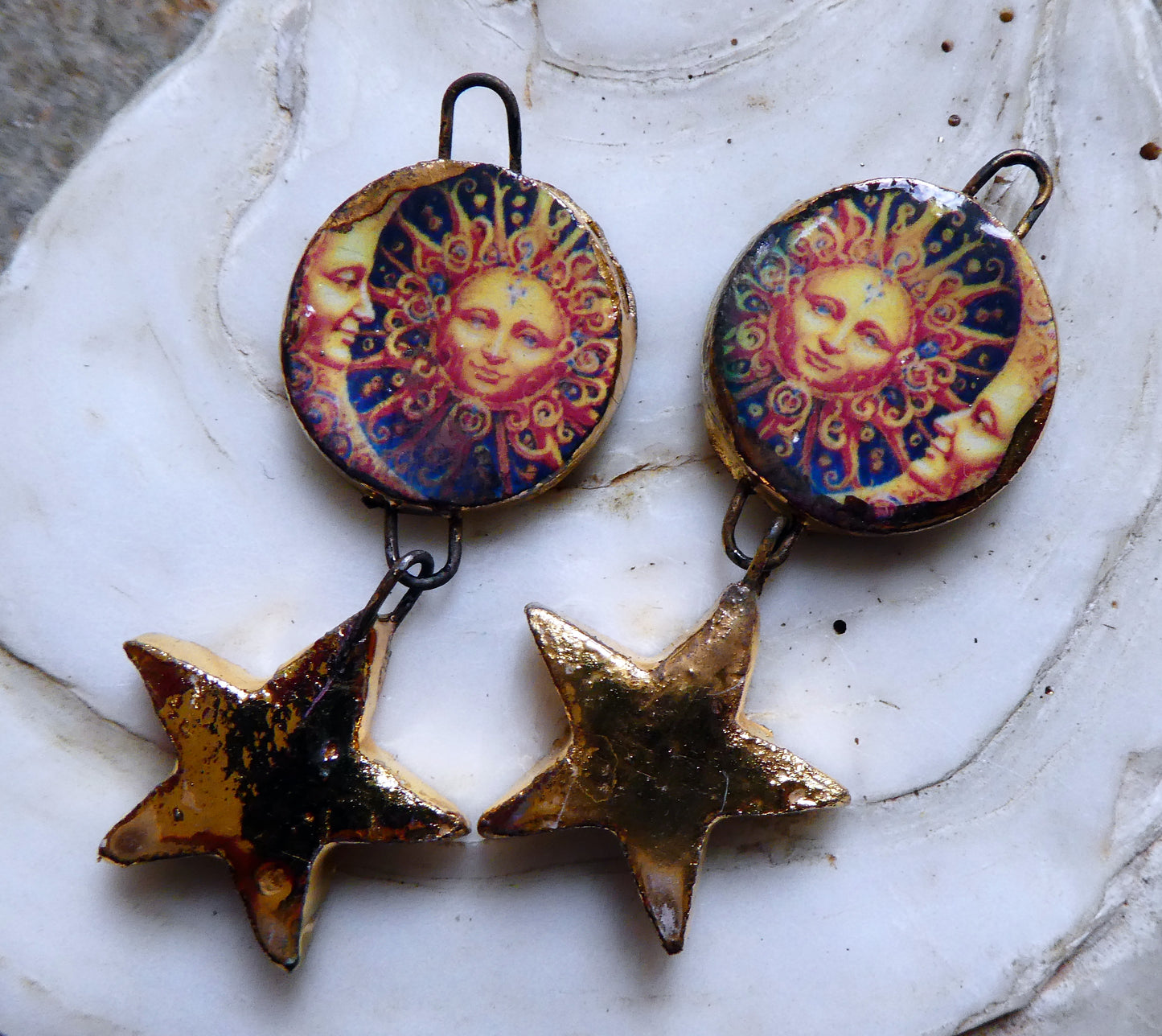 Ceramic Vintage Sun and Moon Decal and Star Earring Dangles #14