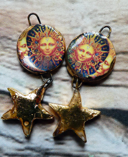 Ceramic Vintage Sun and Moon Decal and Star Earring Dangles #14
