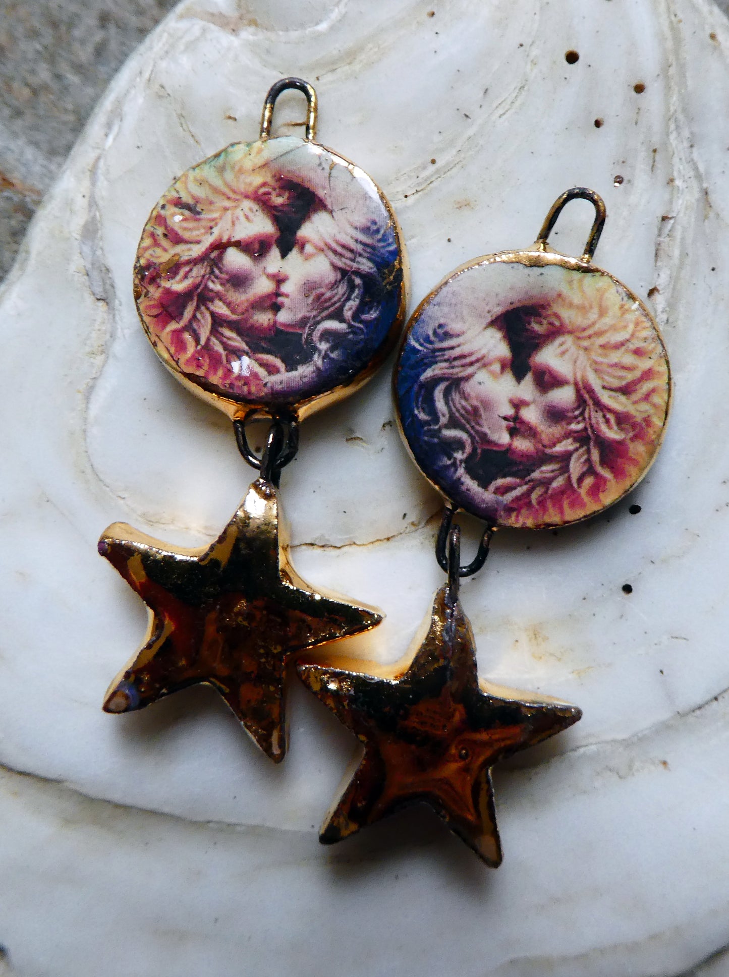 Ceramic Vintage Sun and Moon Decal and Star Earring Dangles #15