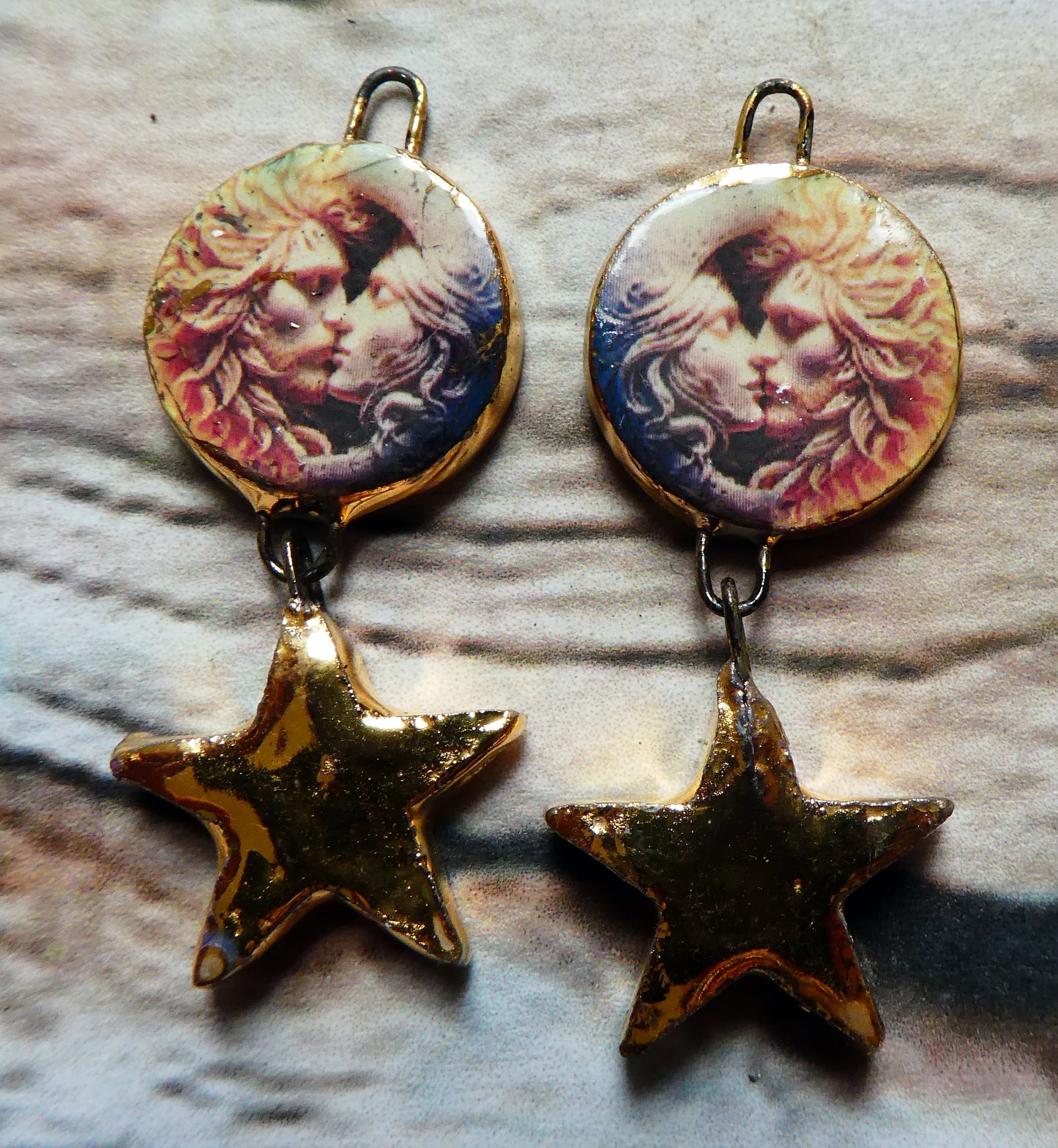 Ceramic Vintage Sun and Moon Decal and Star Earring Dangles #15
