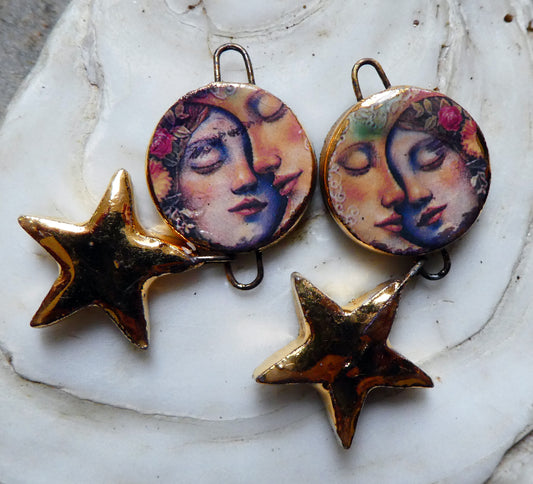 Ceramic Vintage Sun and Moon Decal and Star Earring Dangles #17