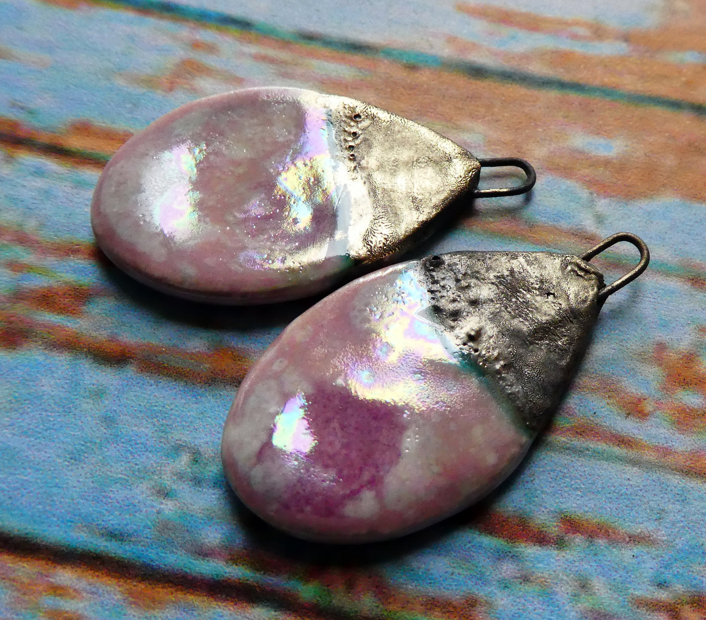 Ceramic Lustrous Flat Teardrop Drops -Pink Plum