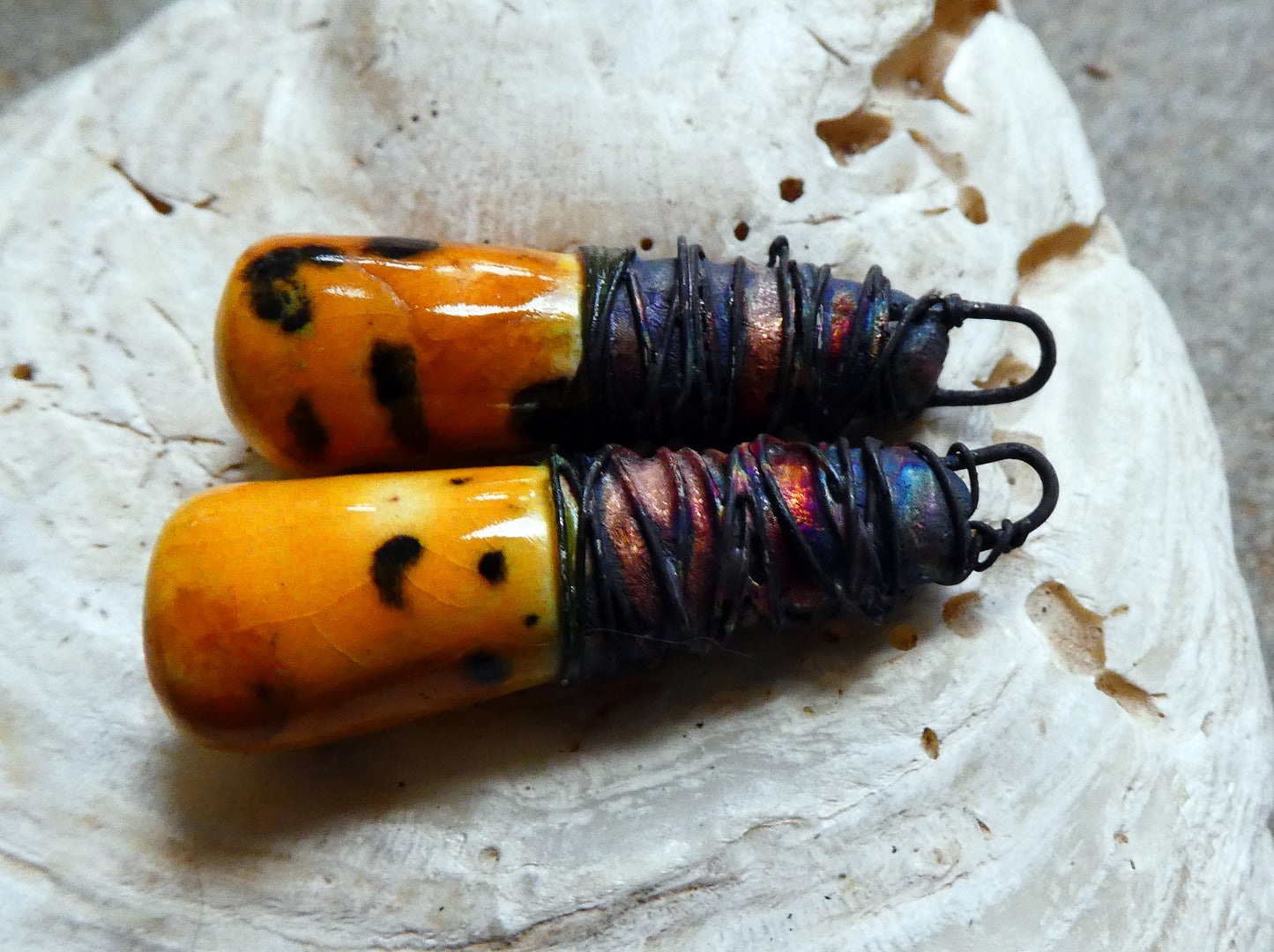 Ceramic Wire Wrapped Lustrous Baton Charms -Papaya