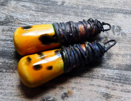 Ceramic Wire Wrapped Lustrous Baton Charms -Papaya