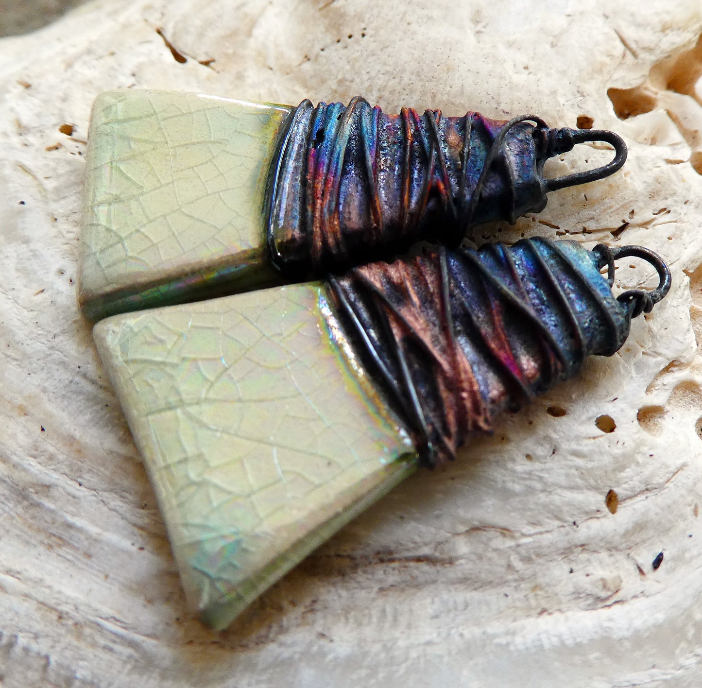 Ceramic Wire Wrapped Lustrous Wedge Charms - Diamond Crackle