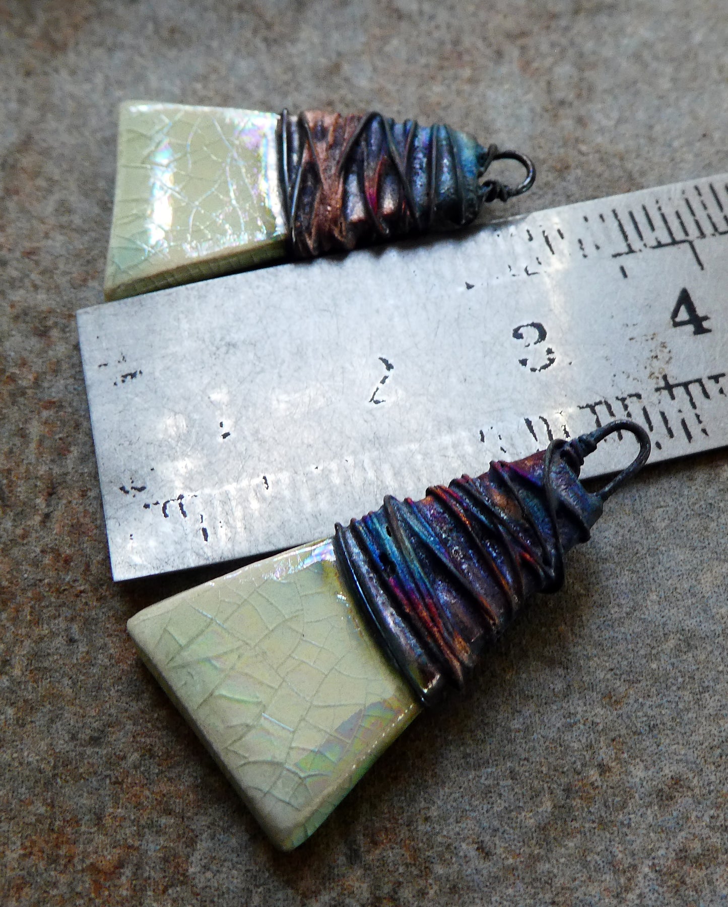 Ceramic Wire Wrapped Lustrous Wedge Charms - Diamond Crackle