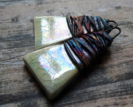 Ceramic Wire Wrapped Lustrous Wedge Charms - Diamond Crackle