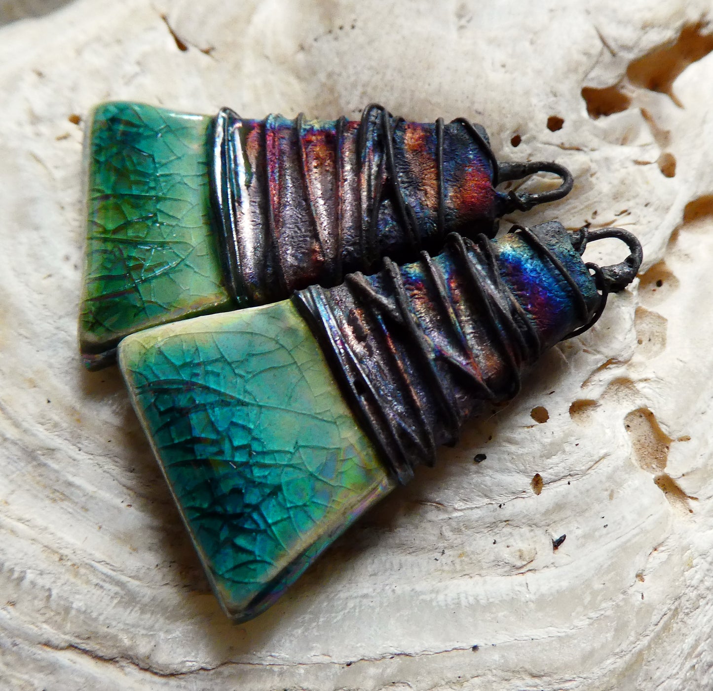 Ceramic Wire Wrapped Lustrous Wedge Charms - Jurassic