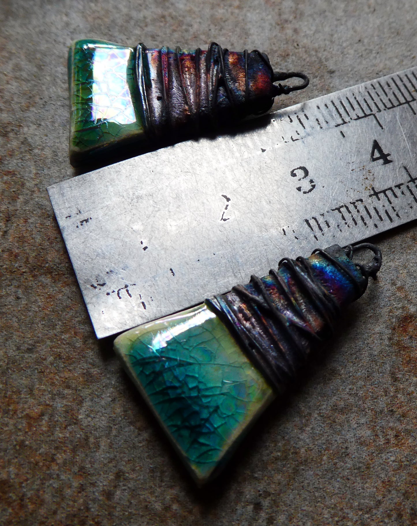 Ceramic Wire Wrapped Lustrous Wedge Charms - Jurassic