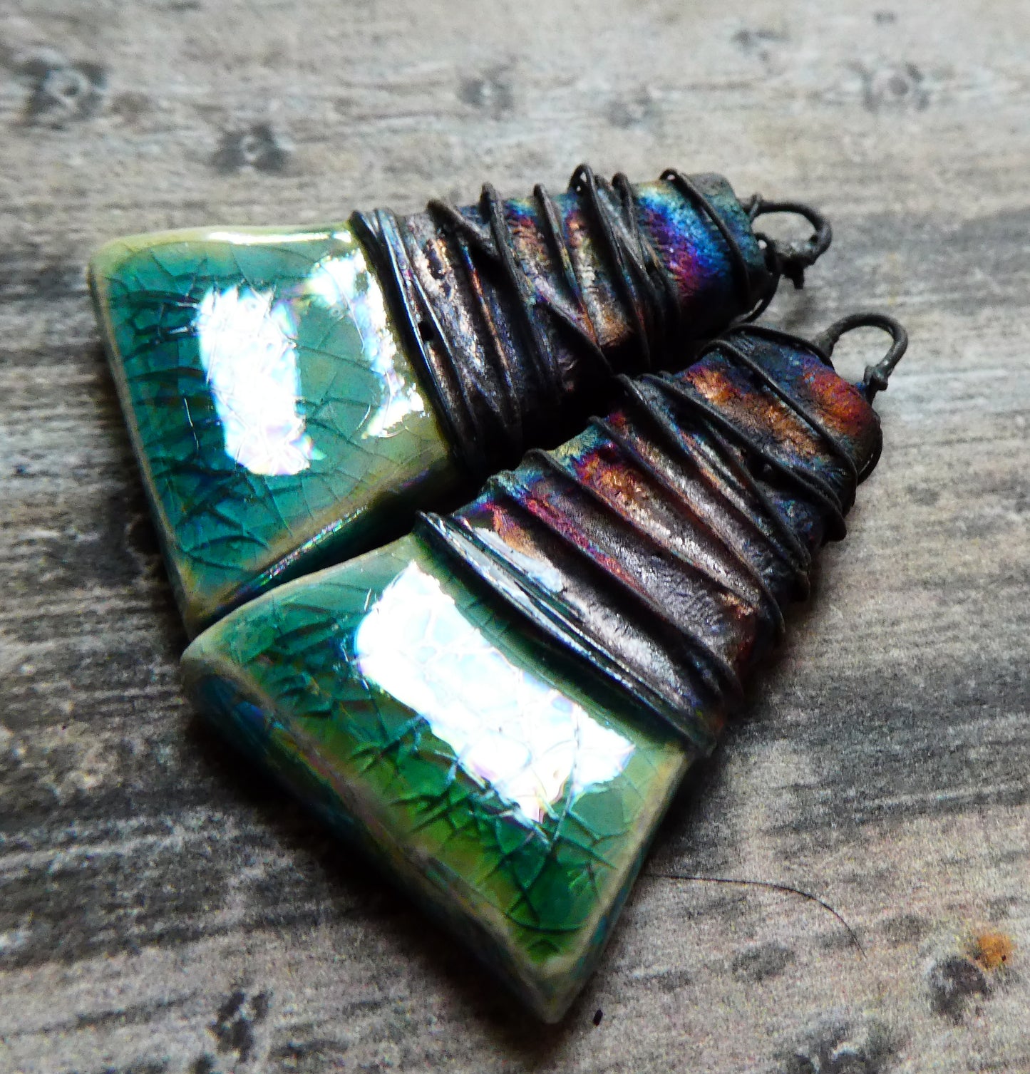 Ceramic Wire Wrapped Lustrous Wedge Charms - Jurassic