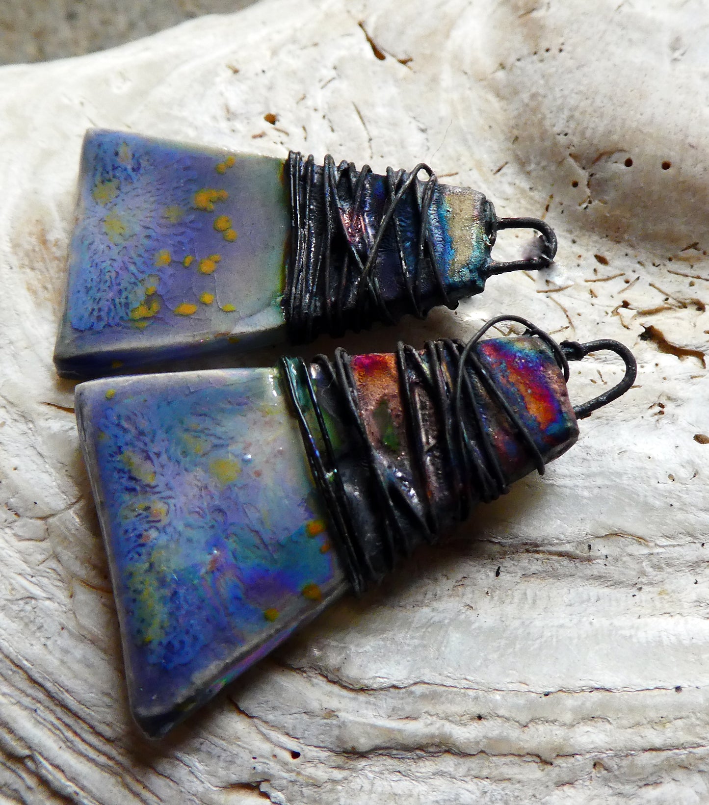 Ceramic Wire Wrapped Lustrous Wedge Charms - Peritwinkle