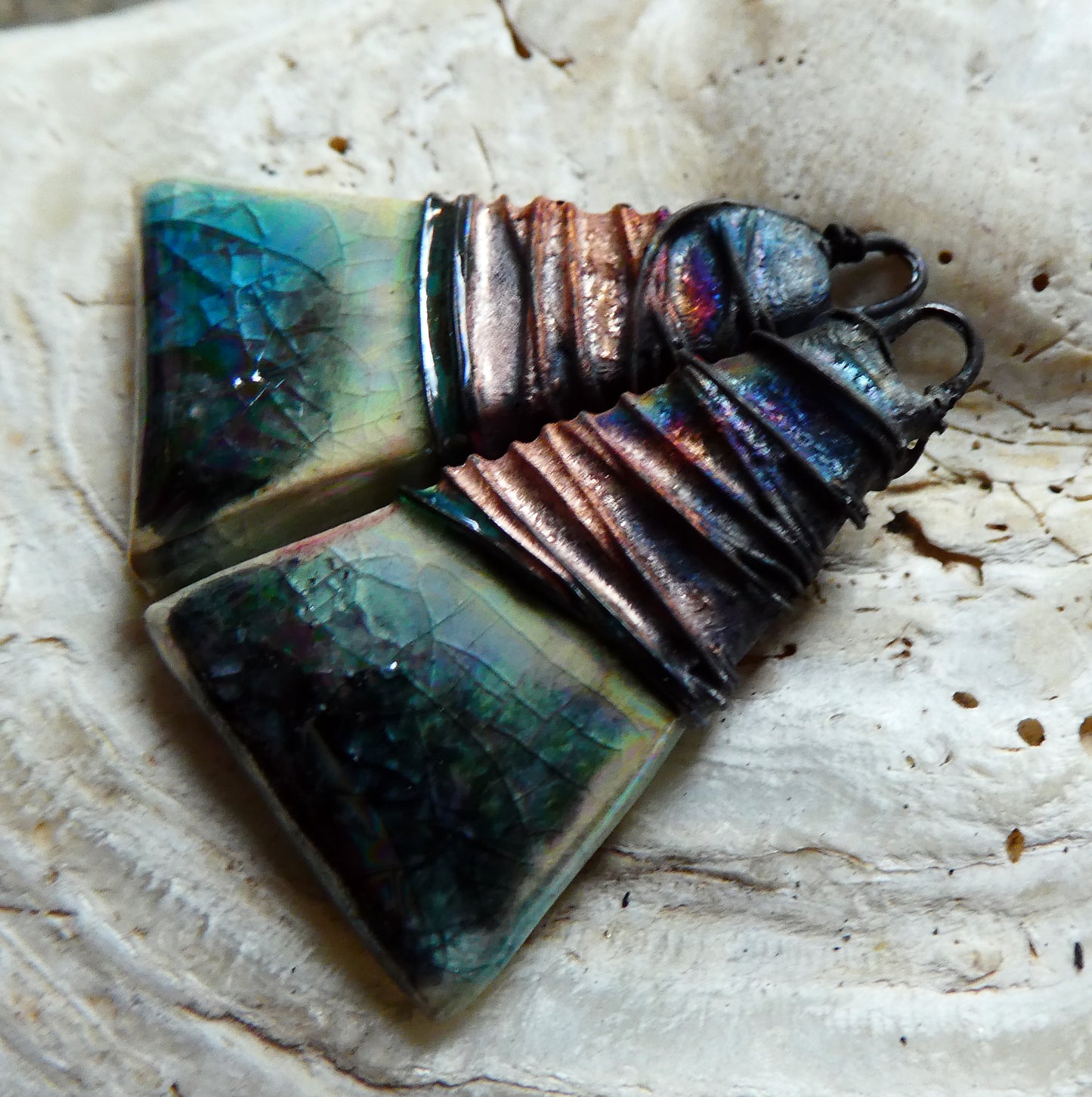 Ceramic Wire Wrapped Lustrous Wedge Charms -  Smoke and Ice