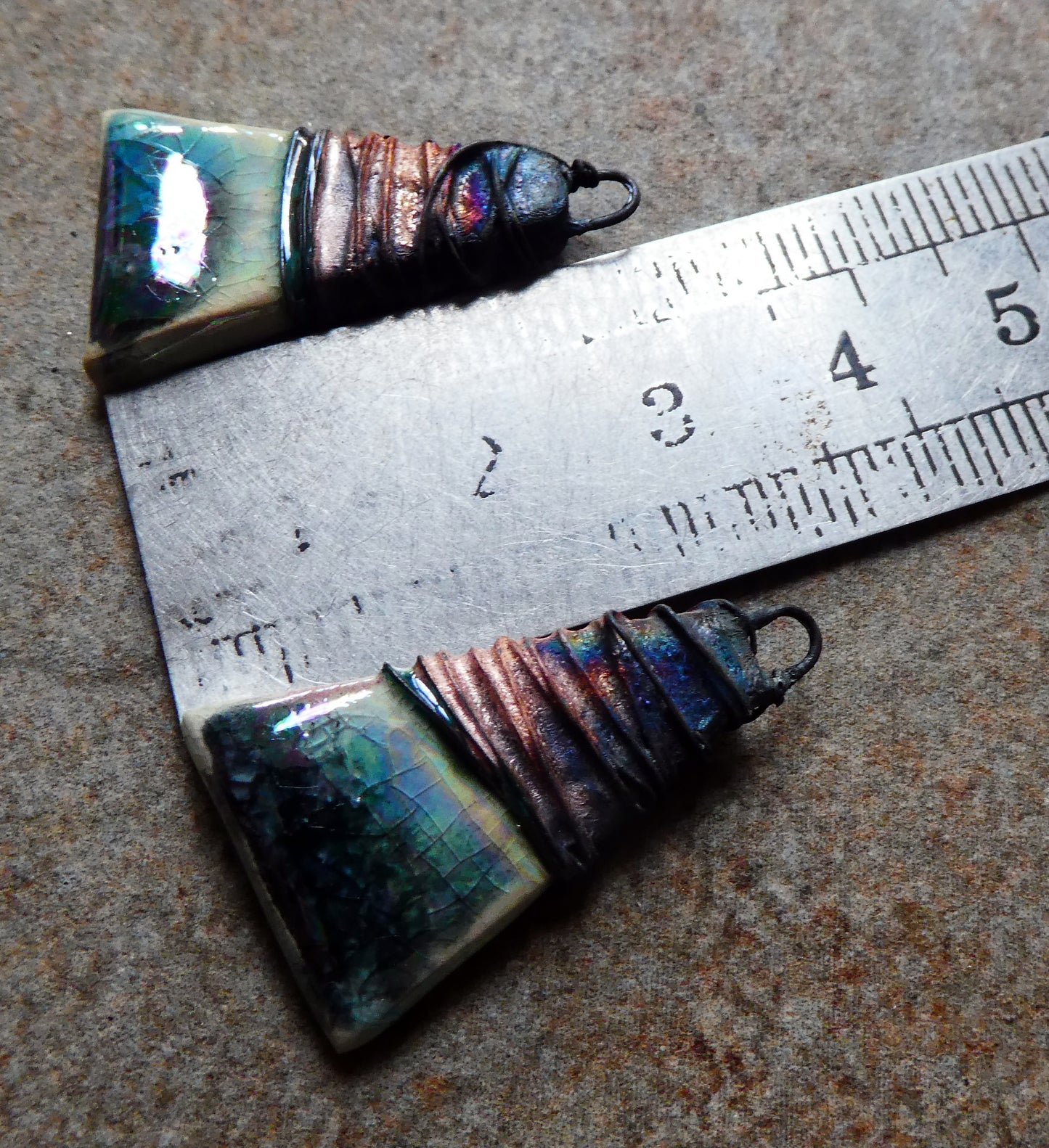 Ceramic Wire Wrapped Lustrous Wedge Charms -  Smoke and Ice