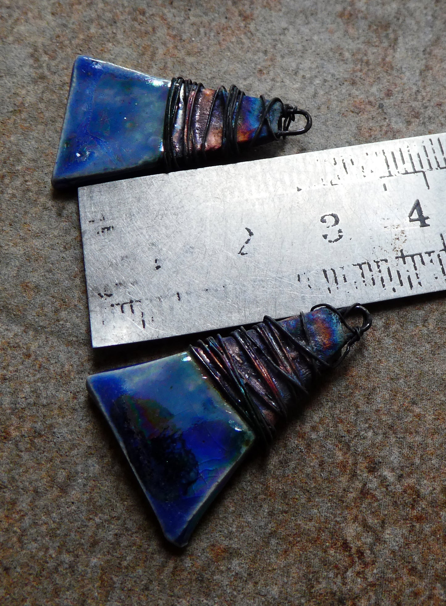 Ceramic Wire Wrapped Lustrous Wedge Charms -  Soft Blue