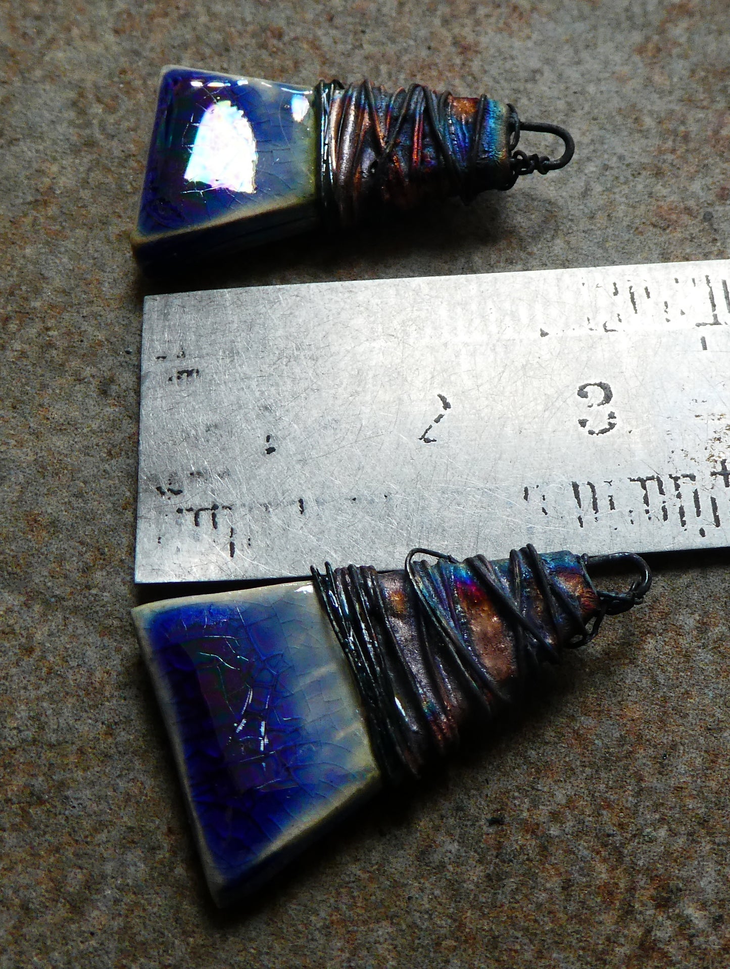Ceramic Wire Wrapped Lustrous Wedge Charms -  Royal Blue Crackle