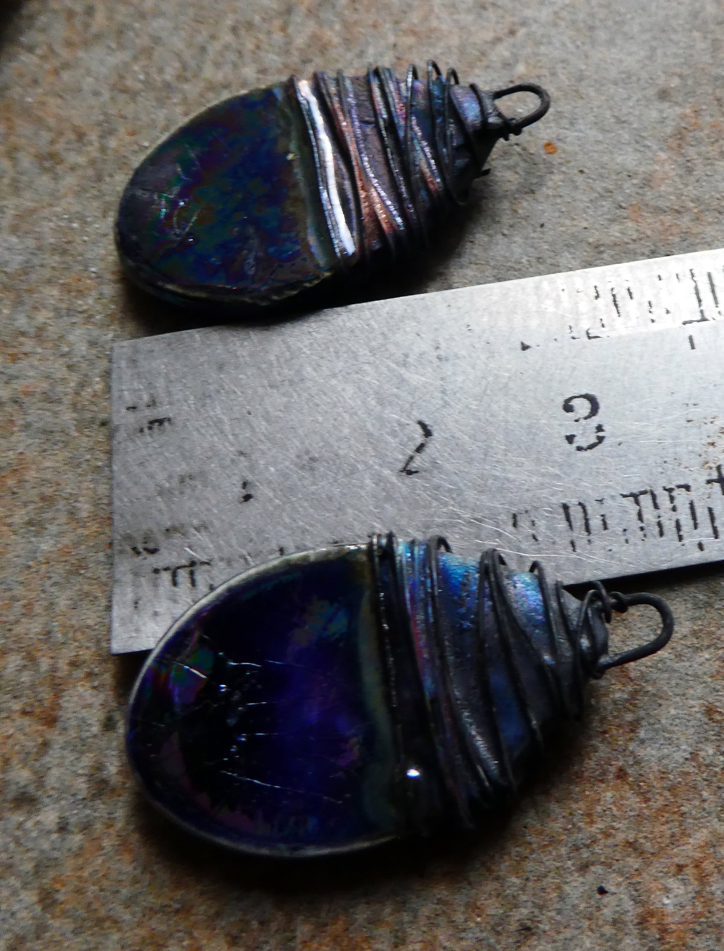 Ceramic Wire Wrapped Lustrous Teardrop Charms -Mirror Blue