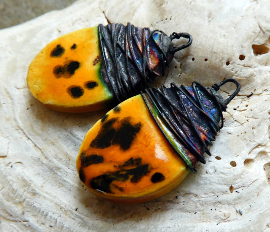 Ceramic Wire Wrapped Lustrous Teardrop Charms -Papaya