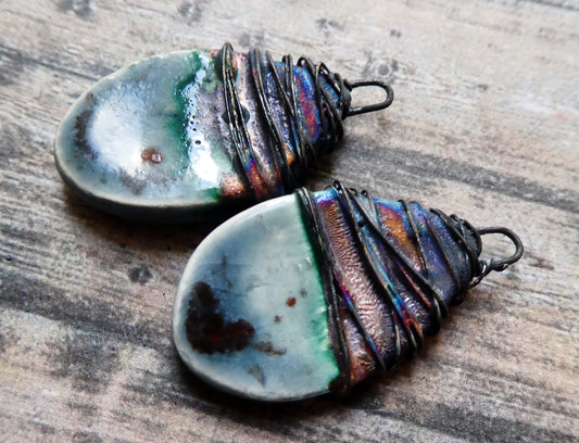 Ceramic Wire Wrapped Teardrop Charms -Dove Grey