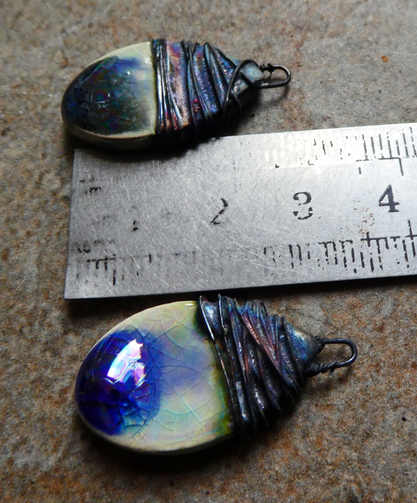 Ceramic Wire Wrapped Lustrous Teardrop Charms -Smoke and Ice