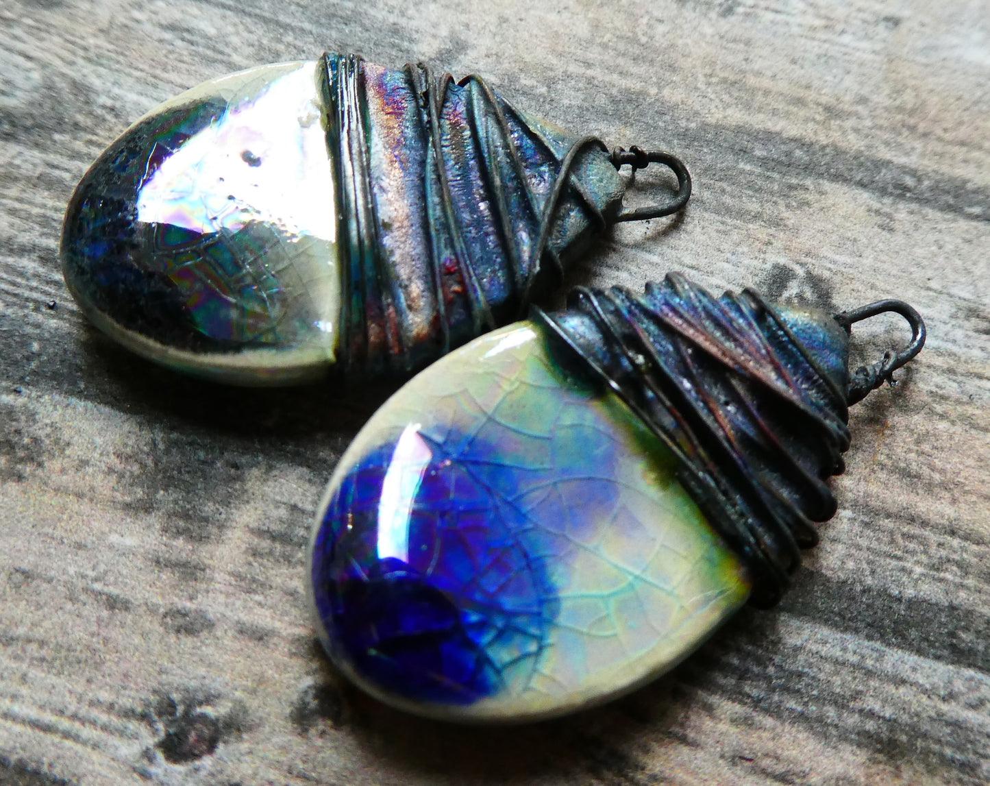 Ceramic Wire Wrapped Lustrous Teardrop Charms -Smoke and Ice