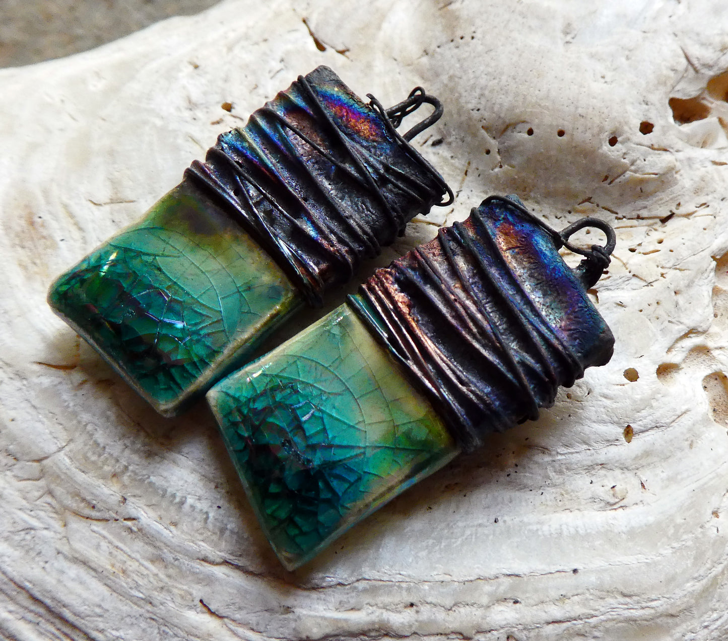 Ceramic Wire Wrapped Lustrous Tablet Charms -Jurassic