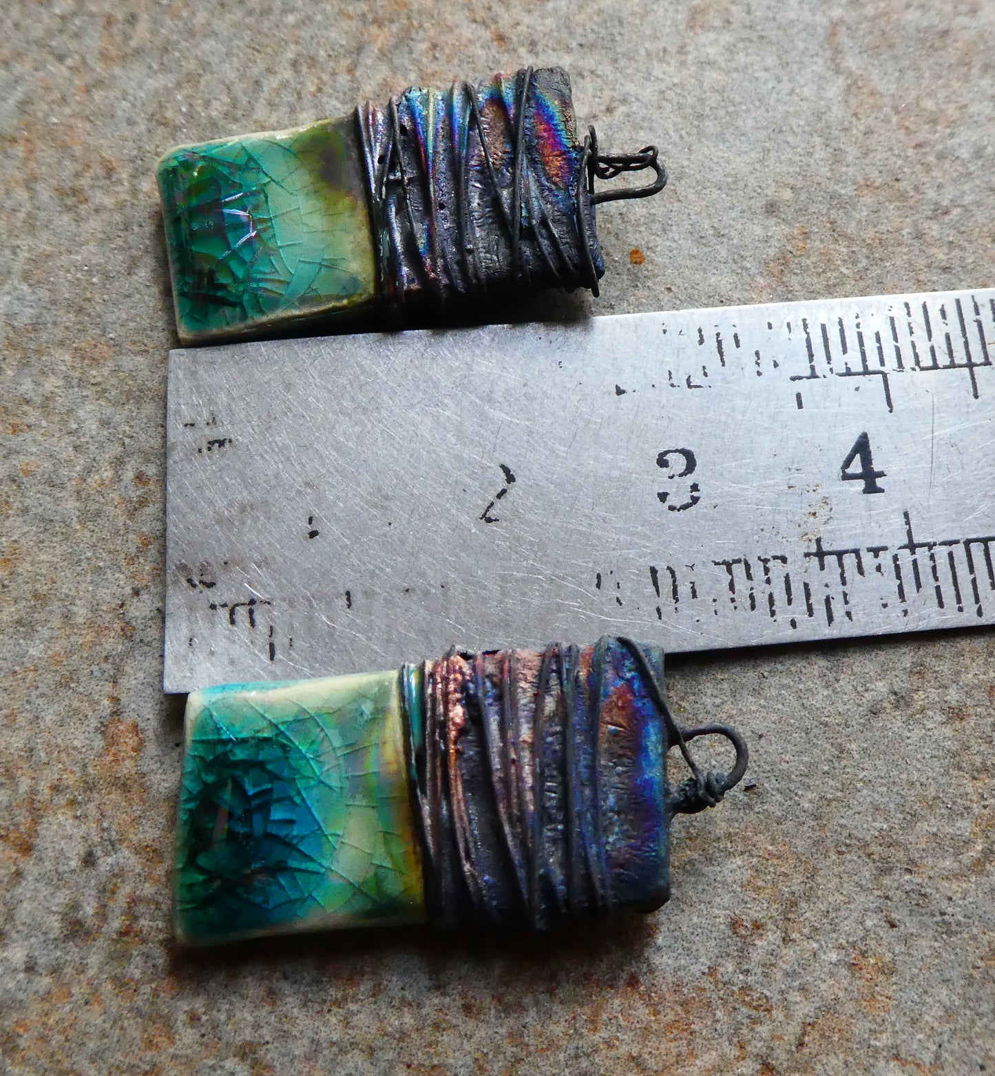Ceramic Wire Wrapped Lustrous Tablet Charms -Jurassic