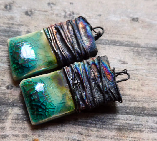 Ceramic Wire Wrapped Lustrous Tablet Charms -Jurassic