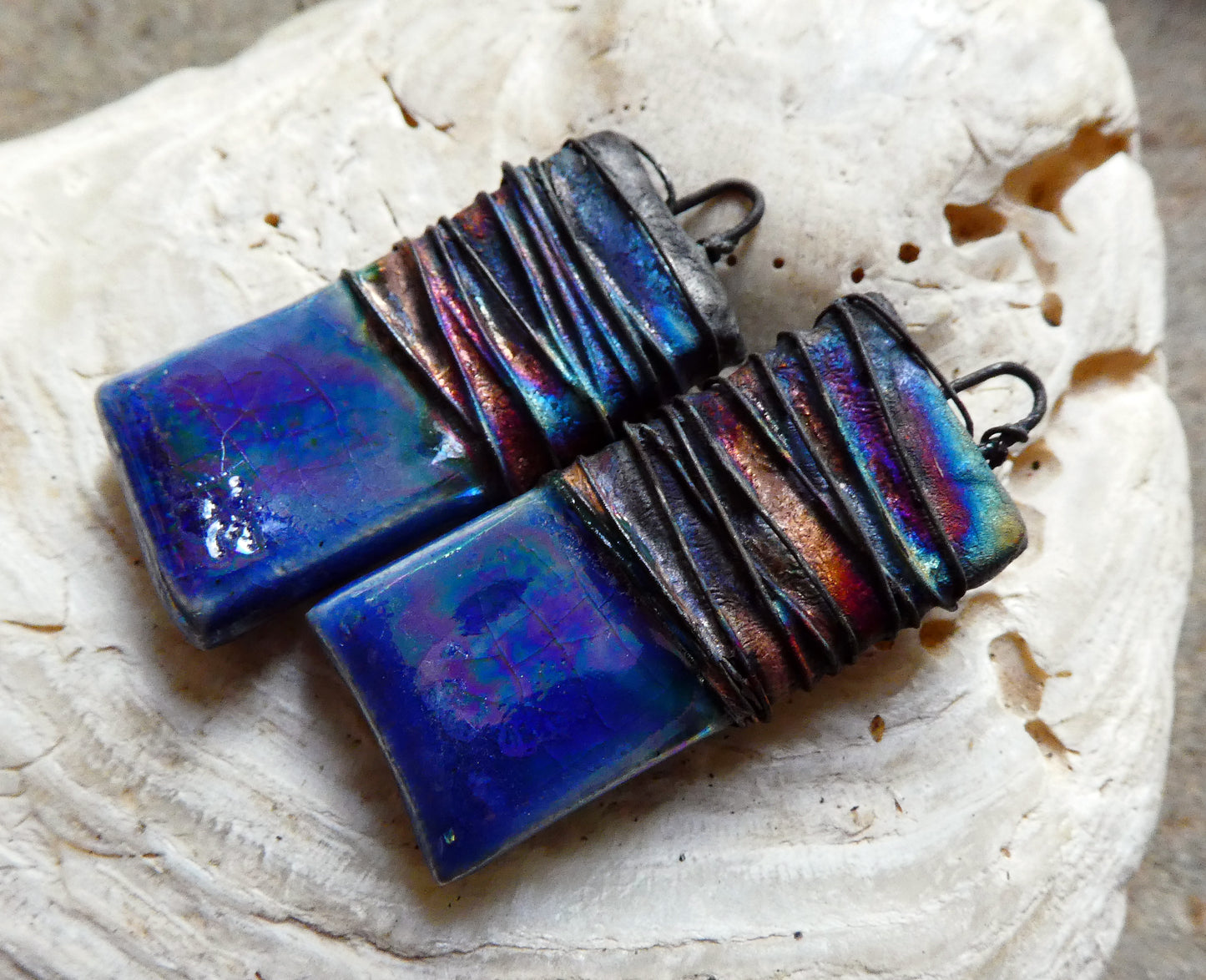 Ceramic Wire Wrapped Lustrous Tablet Charms -Soft Blue