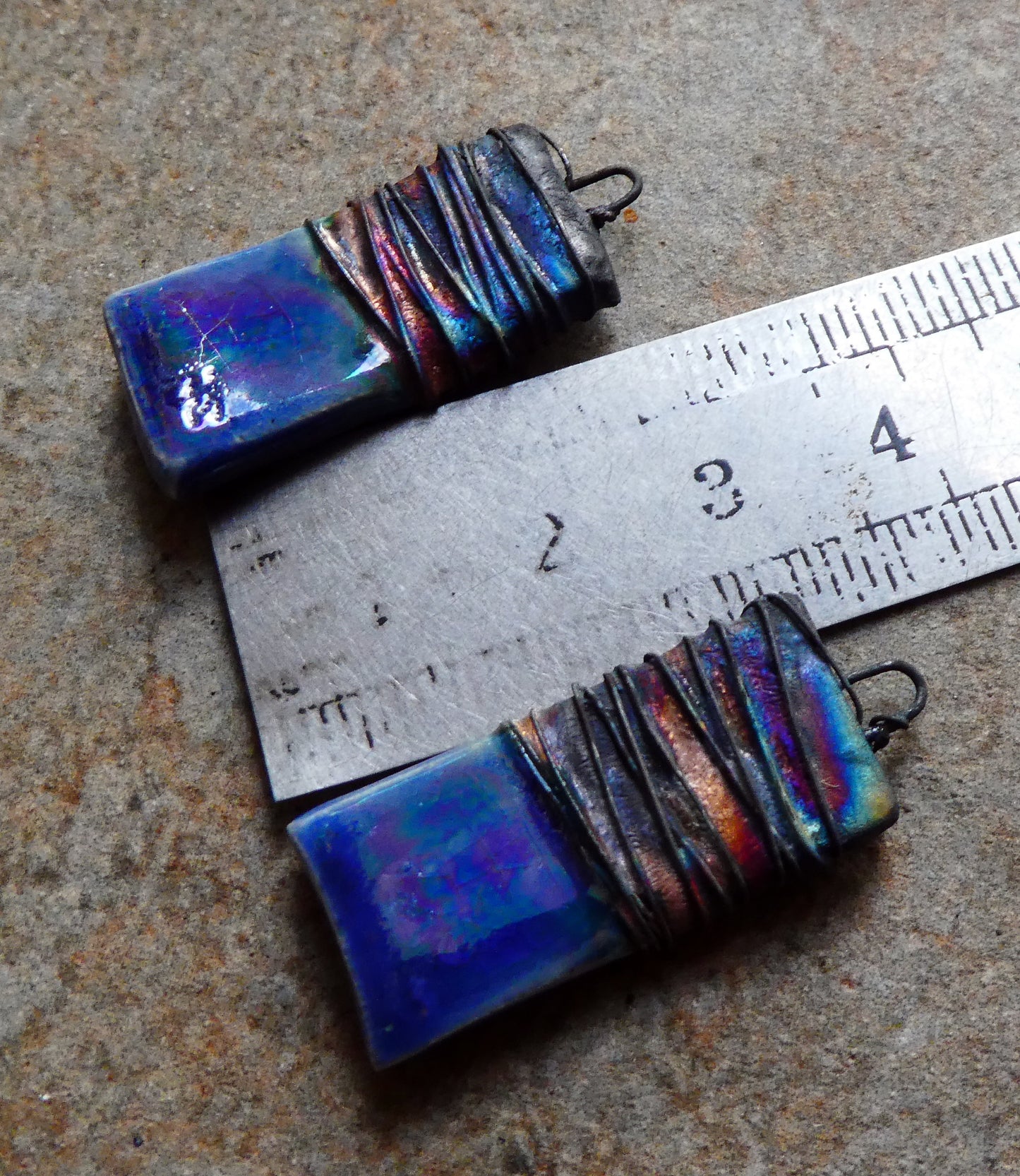 Ceramic Wire Wrapped Lustrous Tablet Charms -Soft Blue