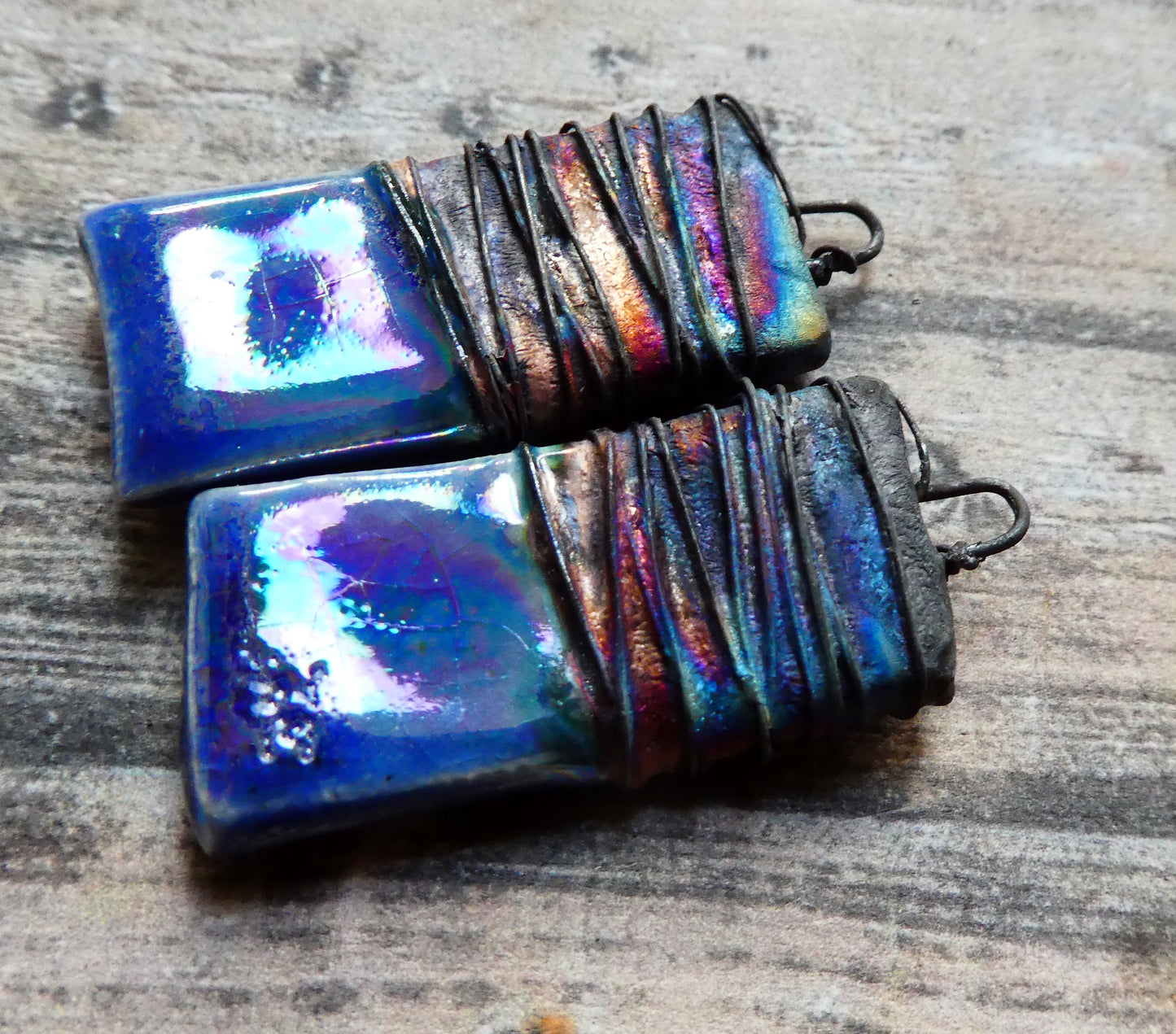 Ceramic Wire Wrapped Lustrous Tablet Charms -Soft Blue