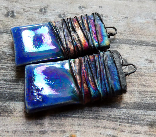 Ceramic Wire Wrapped Lustrous Tablet Charms -Soft Blue