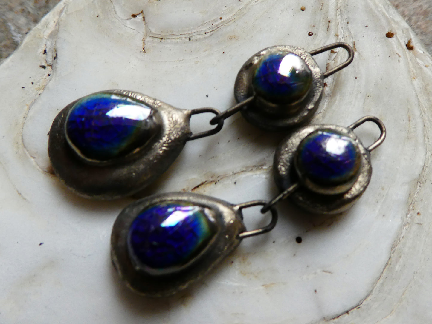 Ceramic Lustrous Moulded Teardrop Dangles -Royal  Blue Crackle