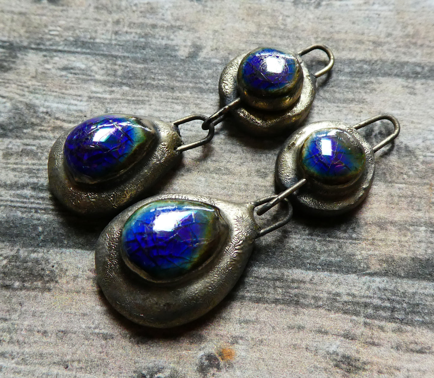 Ceramic Lustrous Moulded Teardrop Dangles -Royal  Blue Crackle