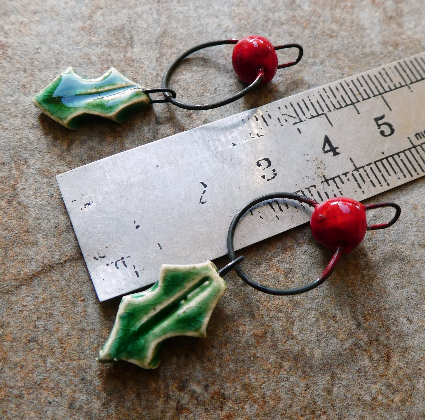 Ceramic Holly Leaf and Berry Earring Dangles