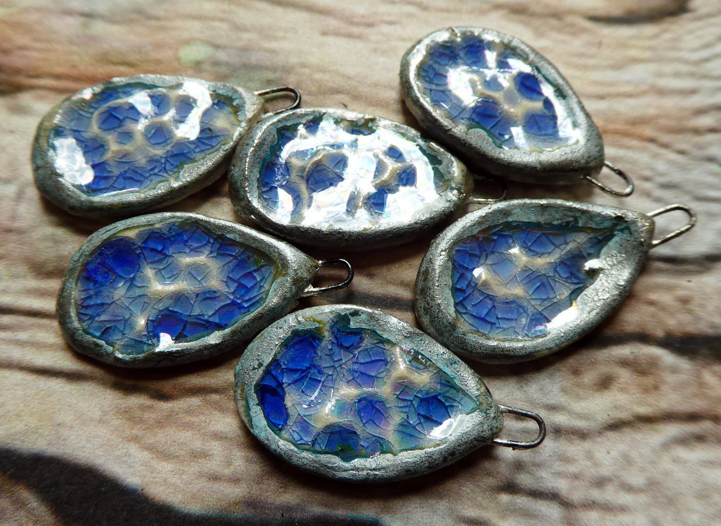 Ceramic Lustrous Silvery Icy Pool Charms - Moonscape Crackle
