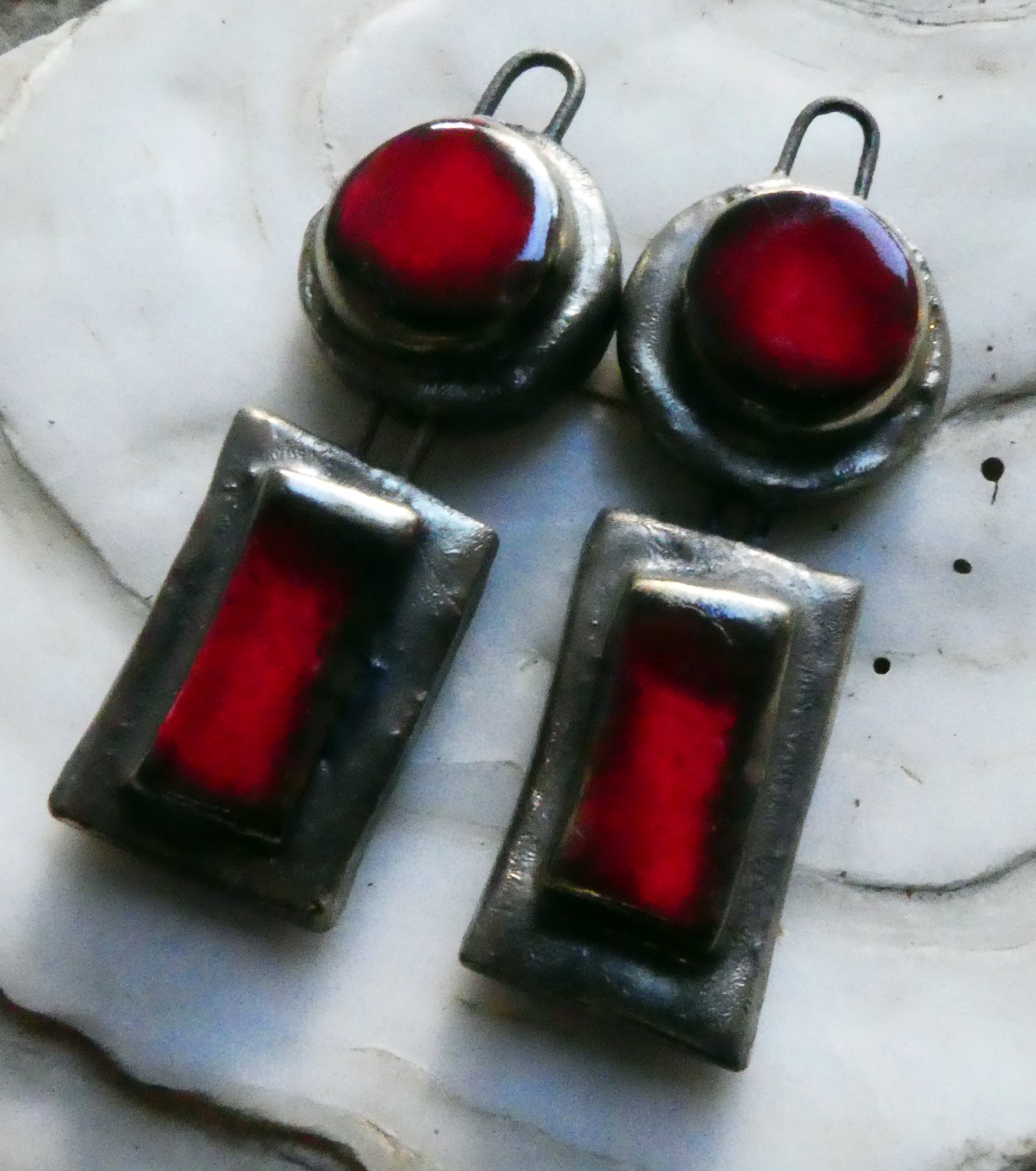 Ceramic Moulded Disc and Rectangle Charms -Red