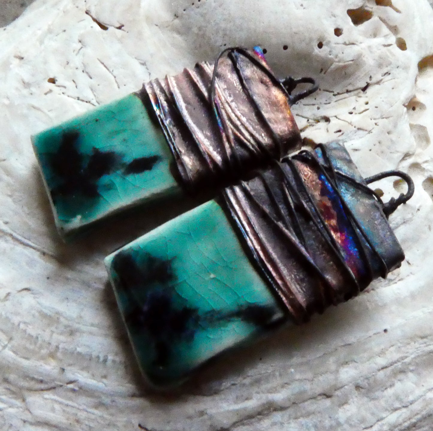 Ceramic Wire Wrapped Tablet Charms -Ocean Mist
