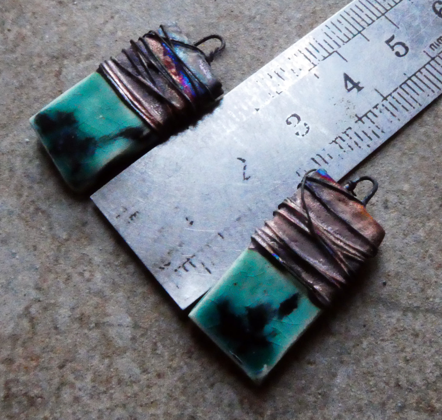 Ceramic Wire Wrapped Tablet Charms -Ocean Mist