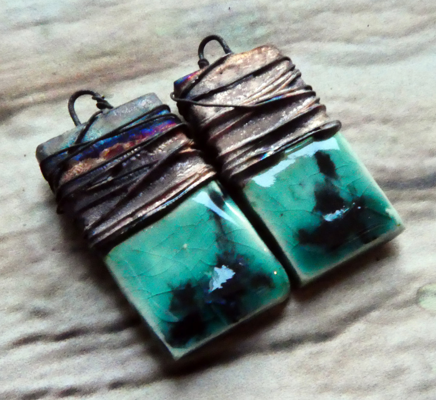 Ceramic Wire Wrapped Tablet Charms -Ocean Mist