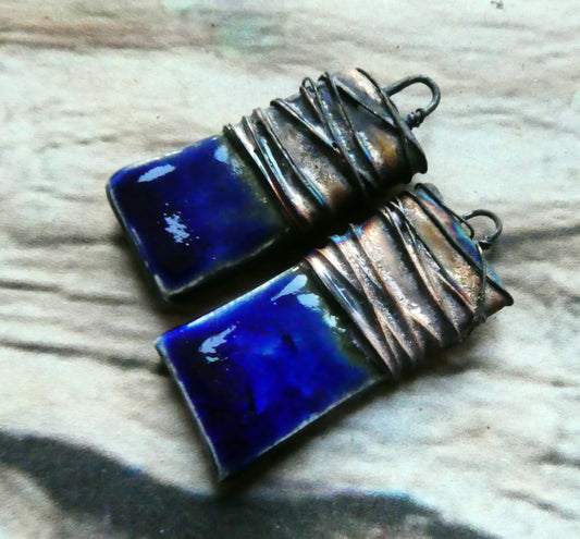 Ceramic Wire Wrapped Tablet Charms -Mirror Blue