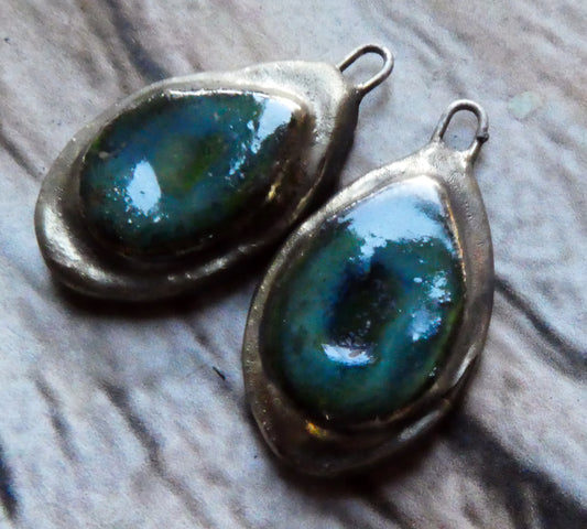 Ceramic Moulded Teardrop Charms -Deep Green Blue