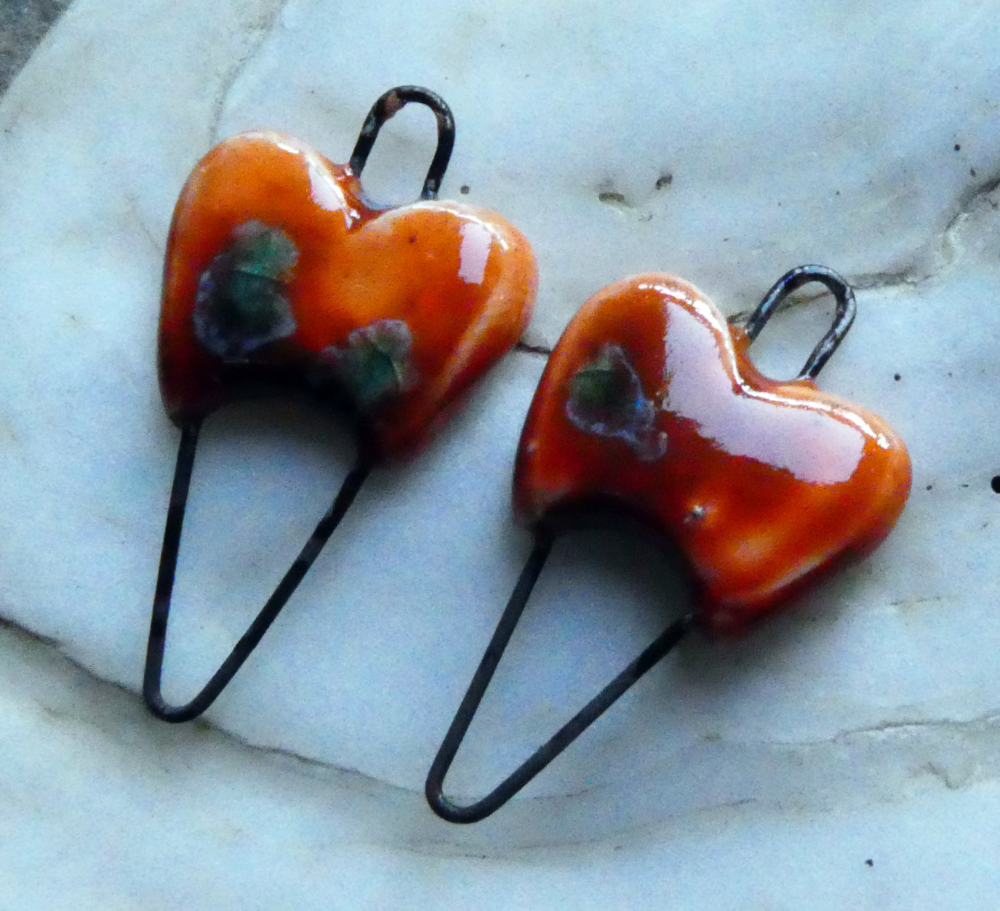Ceramic Heart Earring Connectors -Vermillion Sunburst