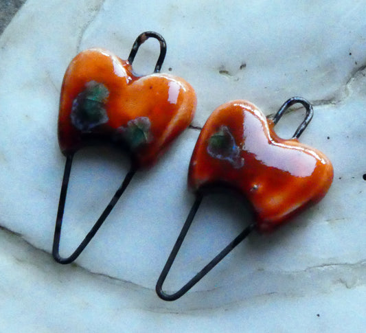 Ceramic Heart Earring Connectors -Vermillion Sunburst