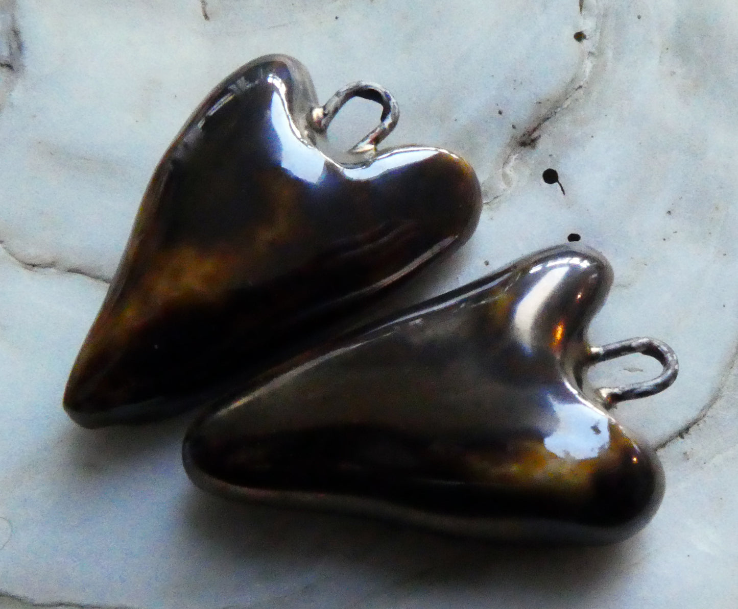 Ceramic Lustrous Long Heart Earring Charms -Golden Brown