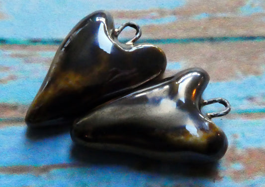 Ceramic Lustrous Long Heart Earring Charms -Golden Brown