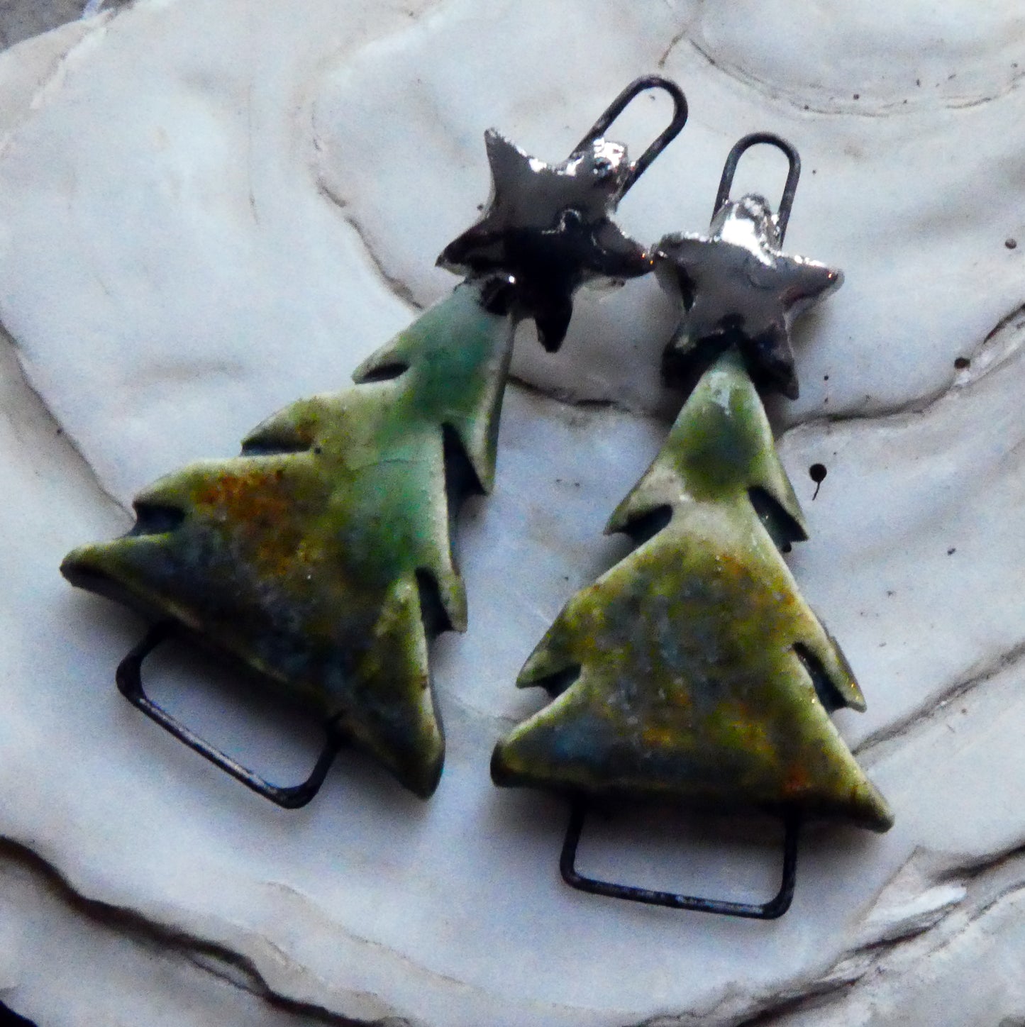 Ceramic Christmas Tree and Star Earring Connectors -Dark Jade